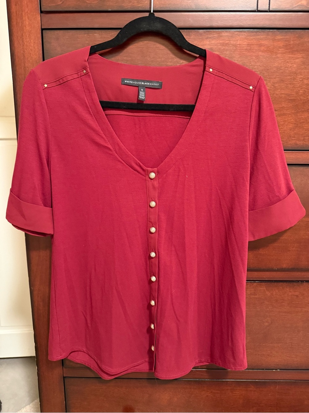 White House Black Market Deep Red Button-Front V-Neck Top